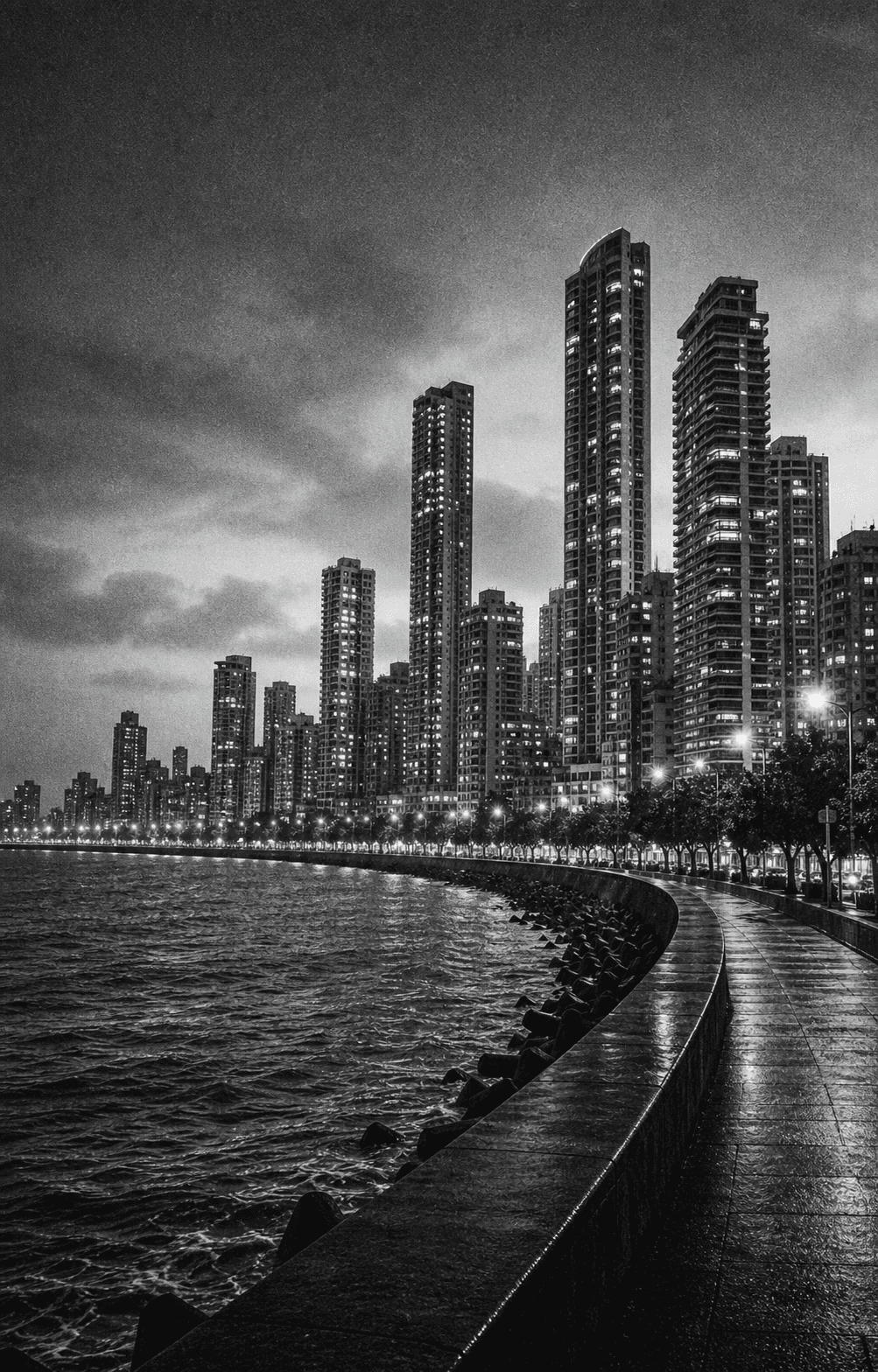 Black and white Marine Drive skyline with tall residential towers