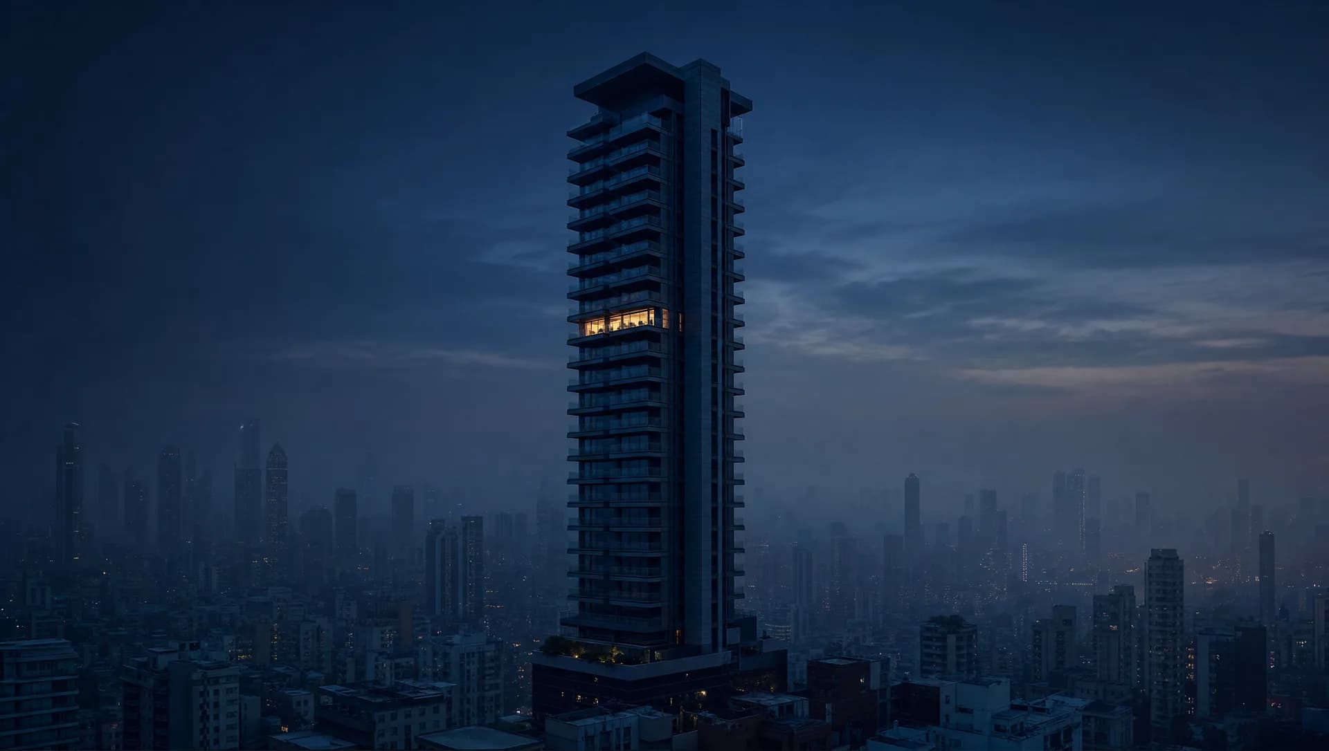 A lone residential tower rising above a misty Mumbai skyline at dusk, one floor glowing with warm light