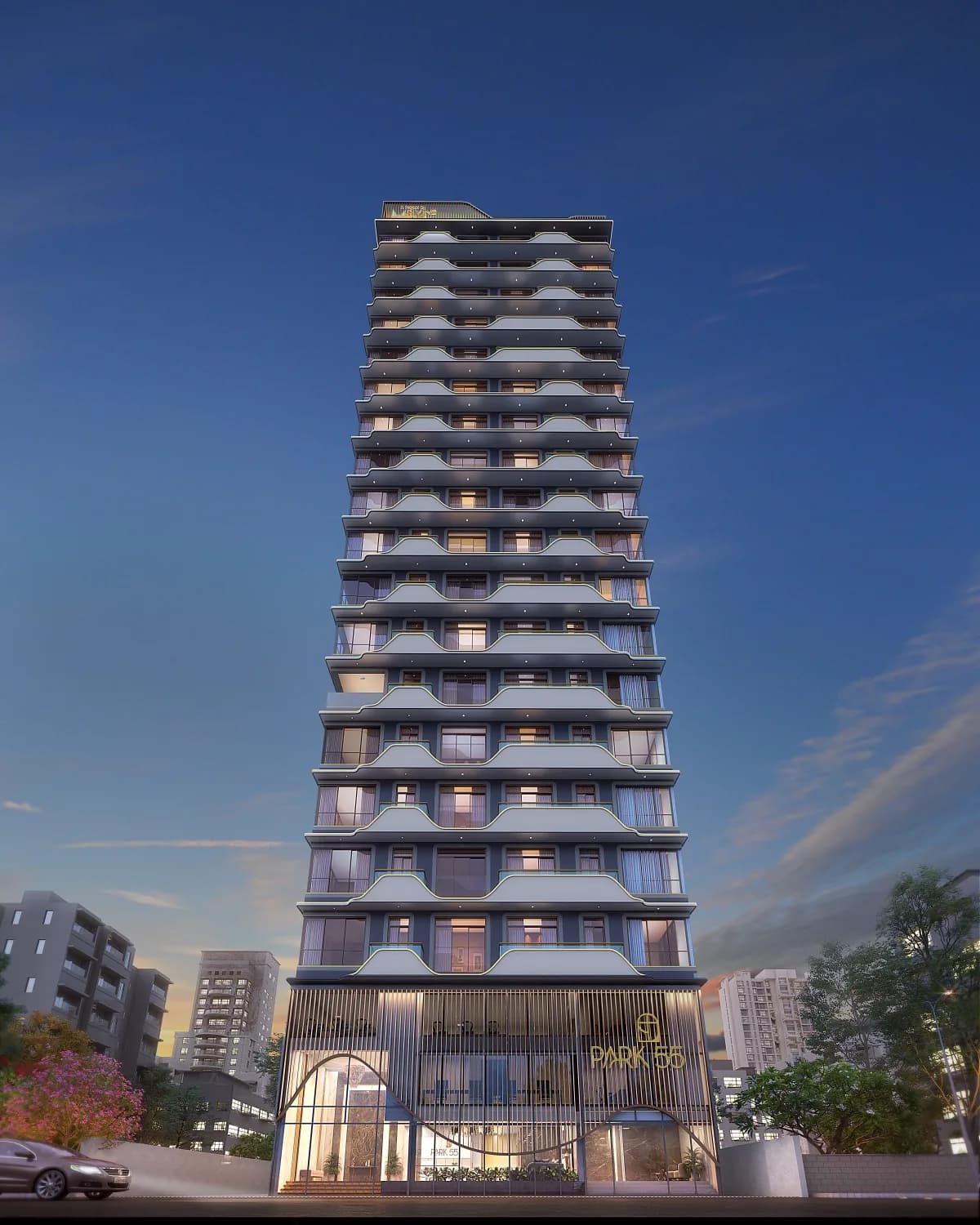 Park 55 illuminated facade at night, Shivaji Park, Dadar