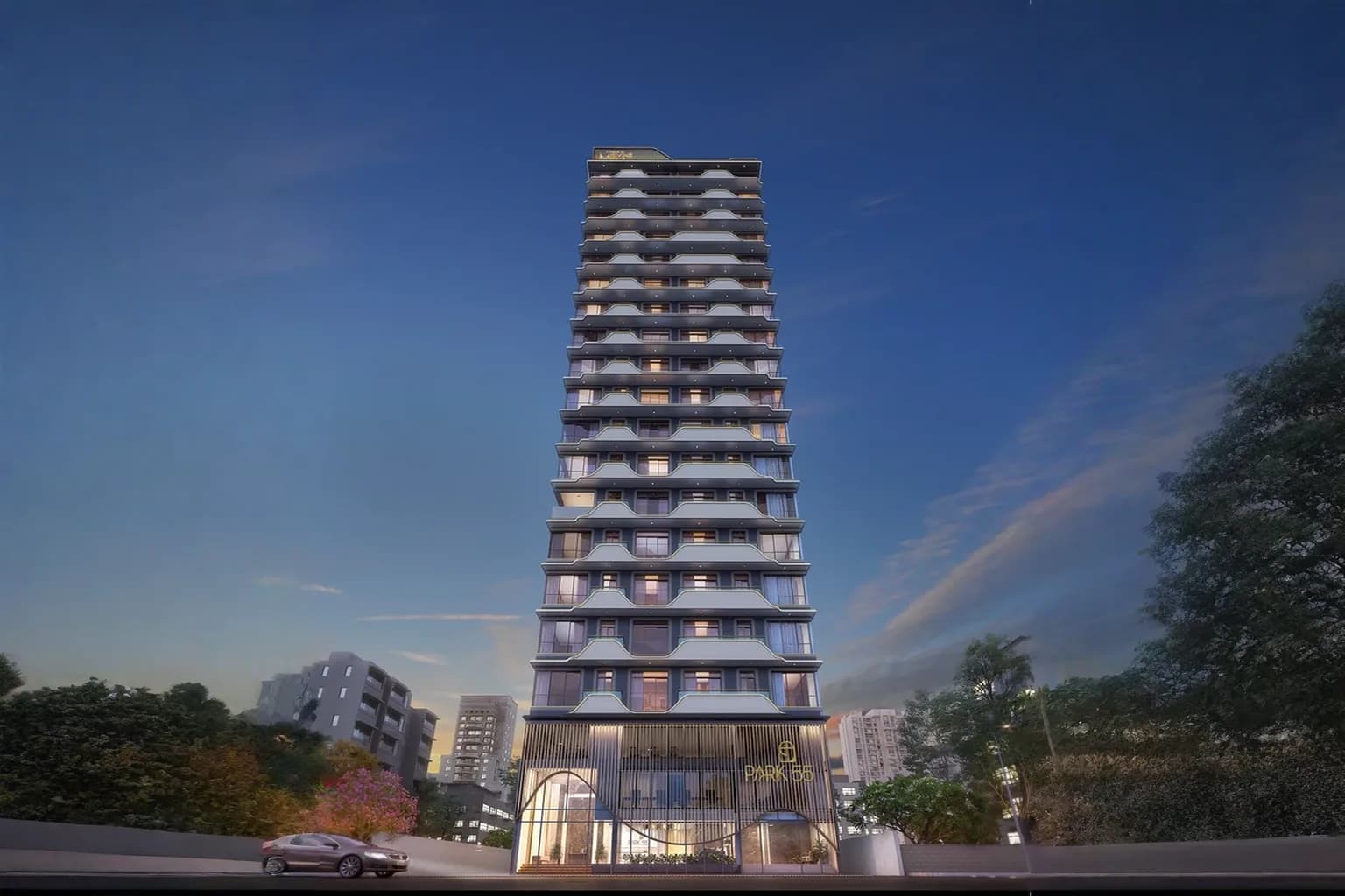 Park 55 full tower at dusk, Shivaji Park, Dadar