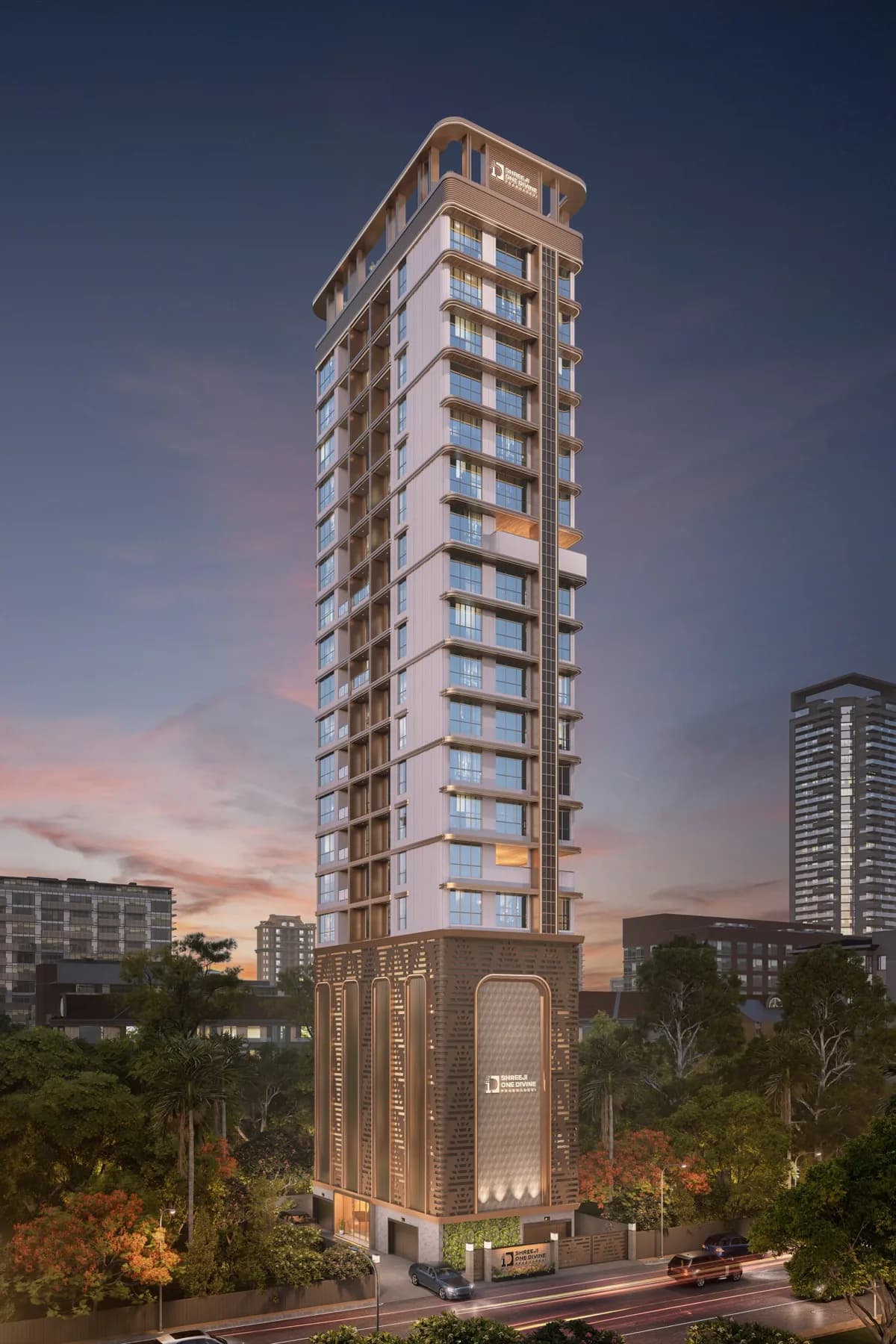 Shreeji One Divine dusk facade, Prabhadevi, Mumbai