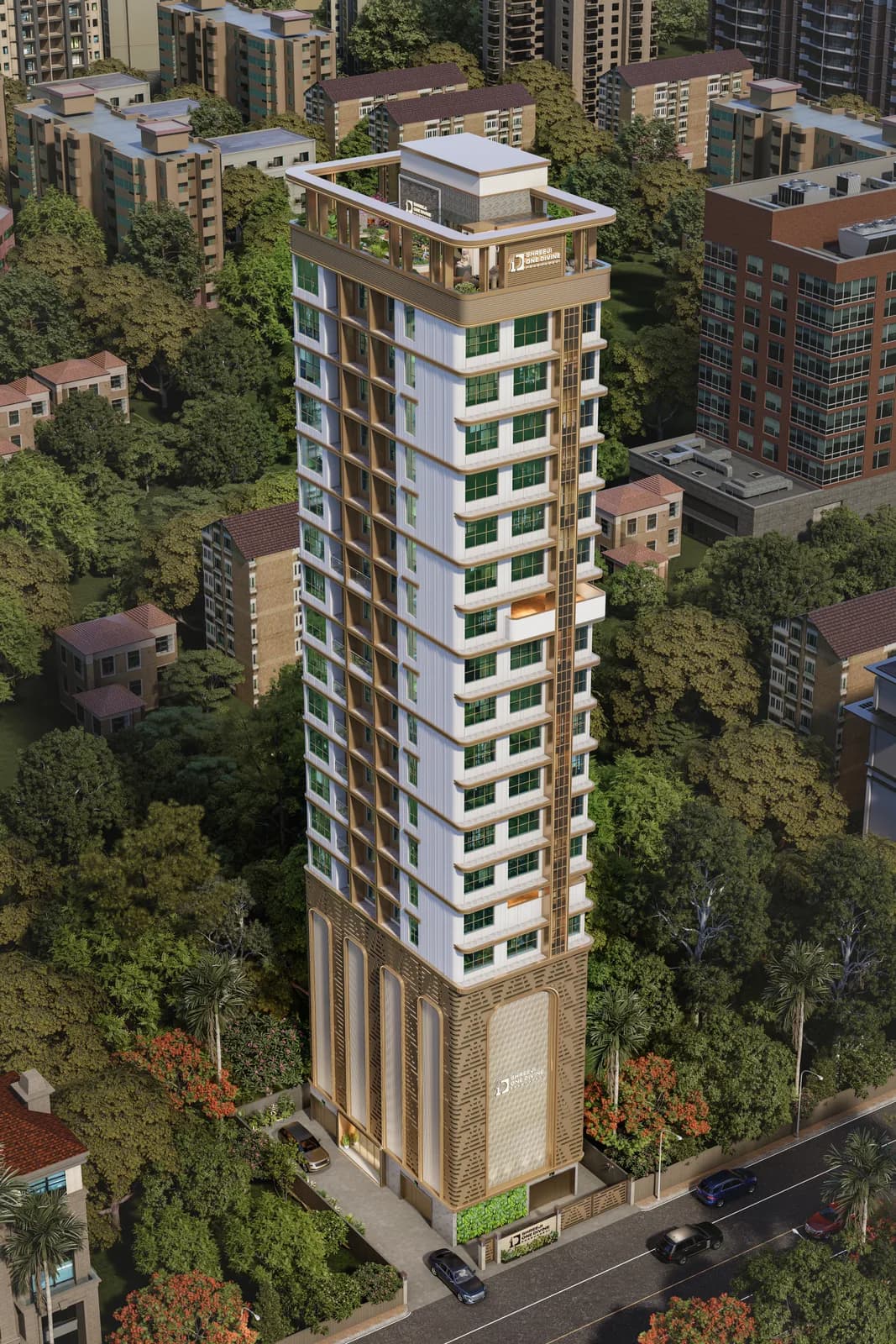 Daytime aerial view of Shreeji One Divine amid greenery - artist's impression