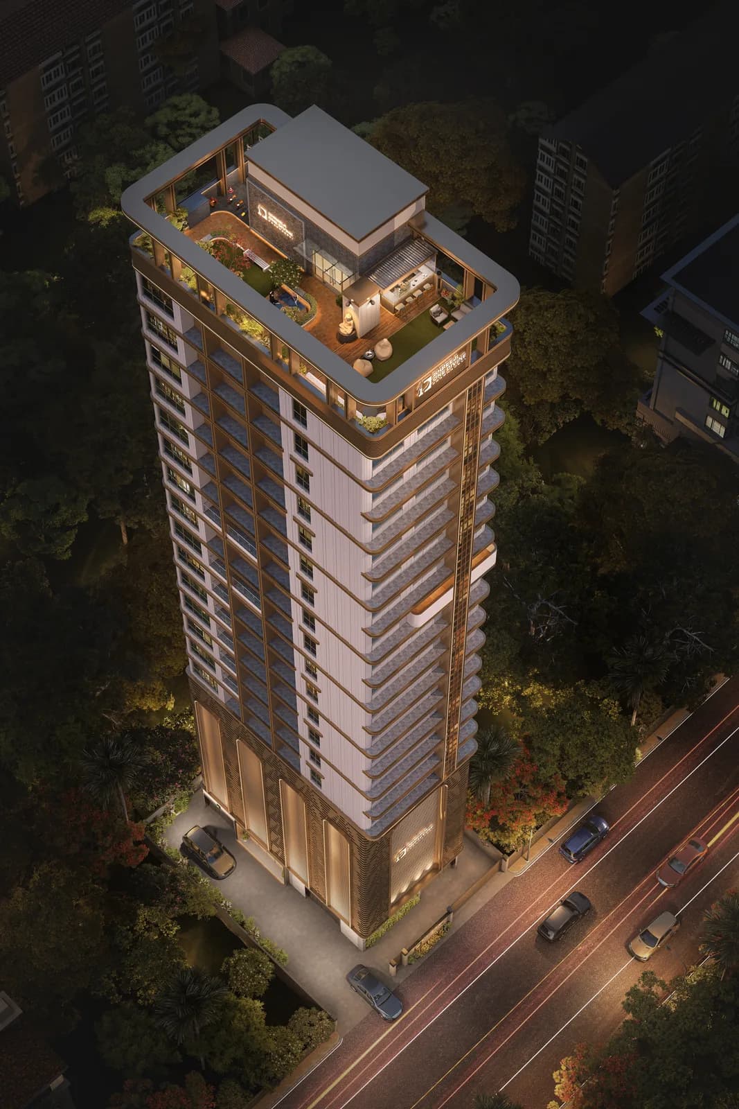 Aerial dusk view showing the rooftop deck - artist's impression