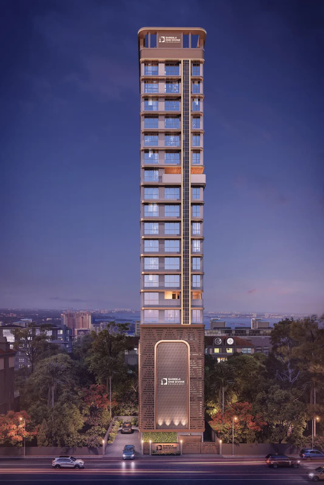 Night elevation of Shreeji One Divine against the evening city - artist's impression